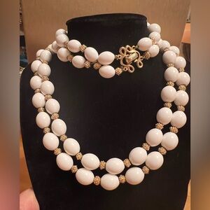 Vintage Crown Trifari White Lucite & Gold Tone Double Strand Necklace